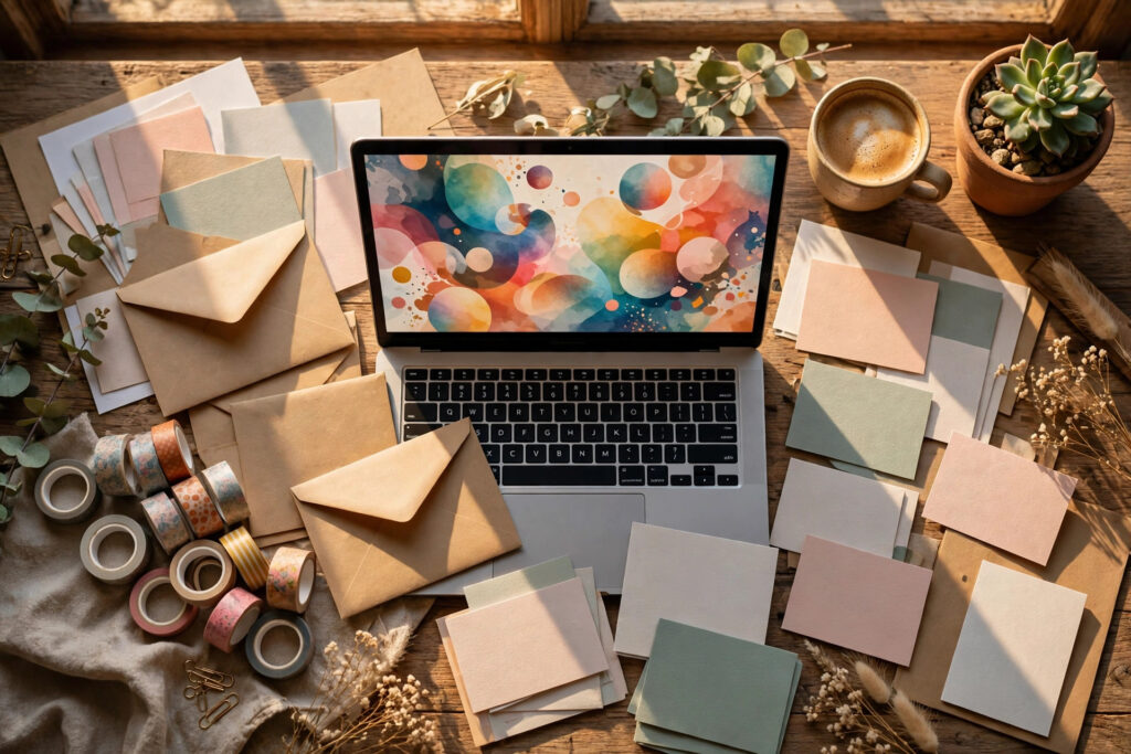 Flash sale digital products promotion — creative workspace with laptop showing promotional graphics and envelopes